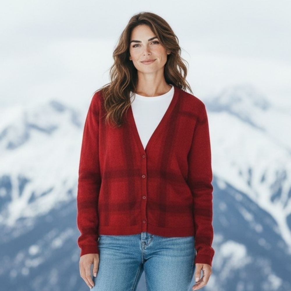 Authentic Burberry Poppy Red Cashmere Plaid Women's Cardigan
